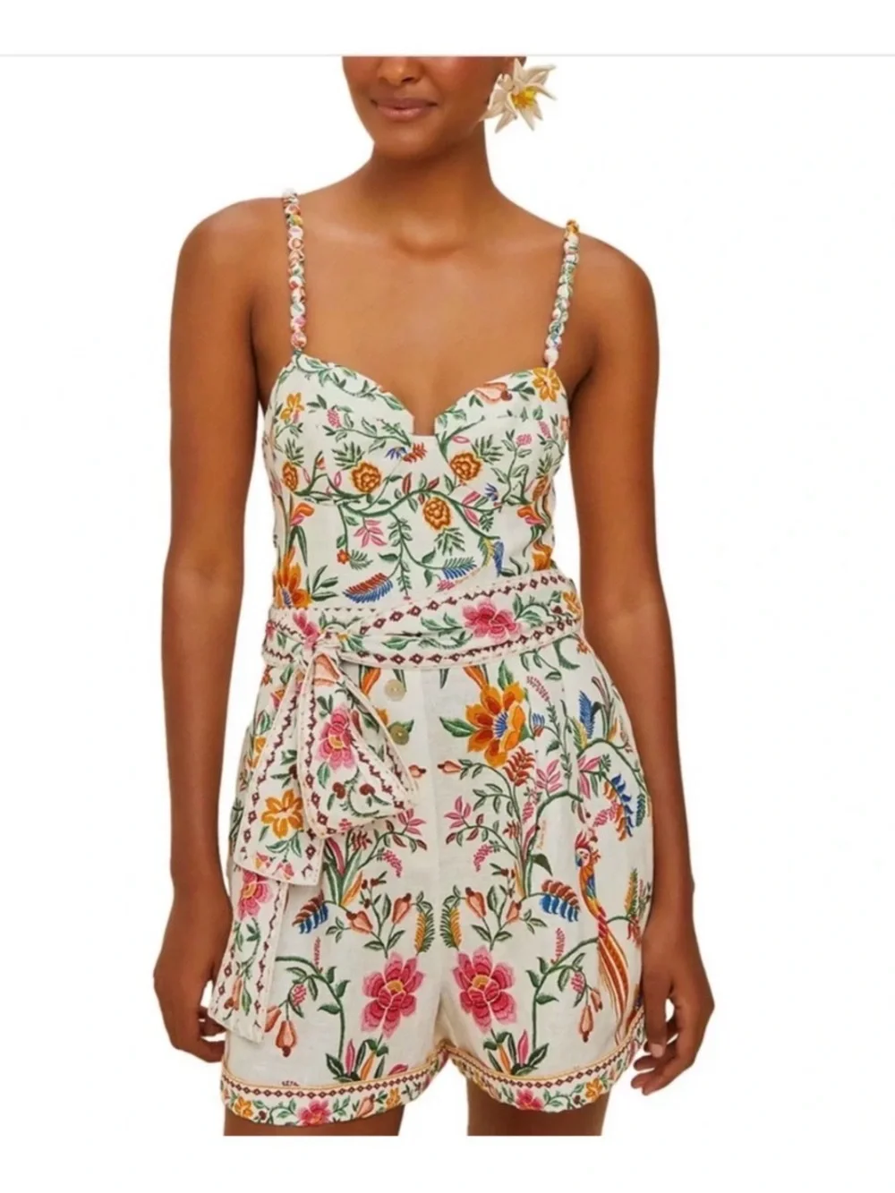 FARM Rio Floral Embroidered Cream Romper with Multicolor Bird Motif